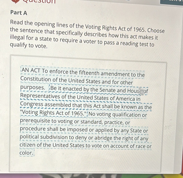 Solved: TL Part A Read the opening lines of the Voting Rights Act of ...