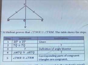 A student proves that ∠ TMR≌ ∠ TRM. The table shows the steps.