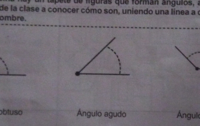 a ta ete de figuras que forman angulos, a
de la clase a conocer cómo son, uniendo una línea a o
ombre.
obtuso Ángulo agudo Ángul