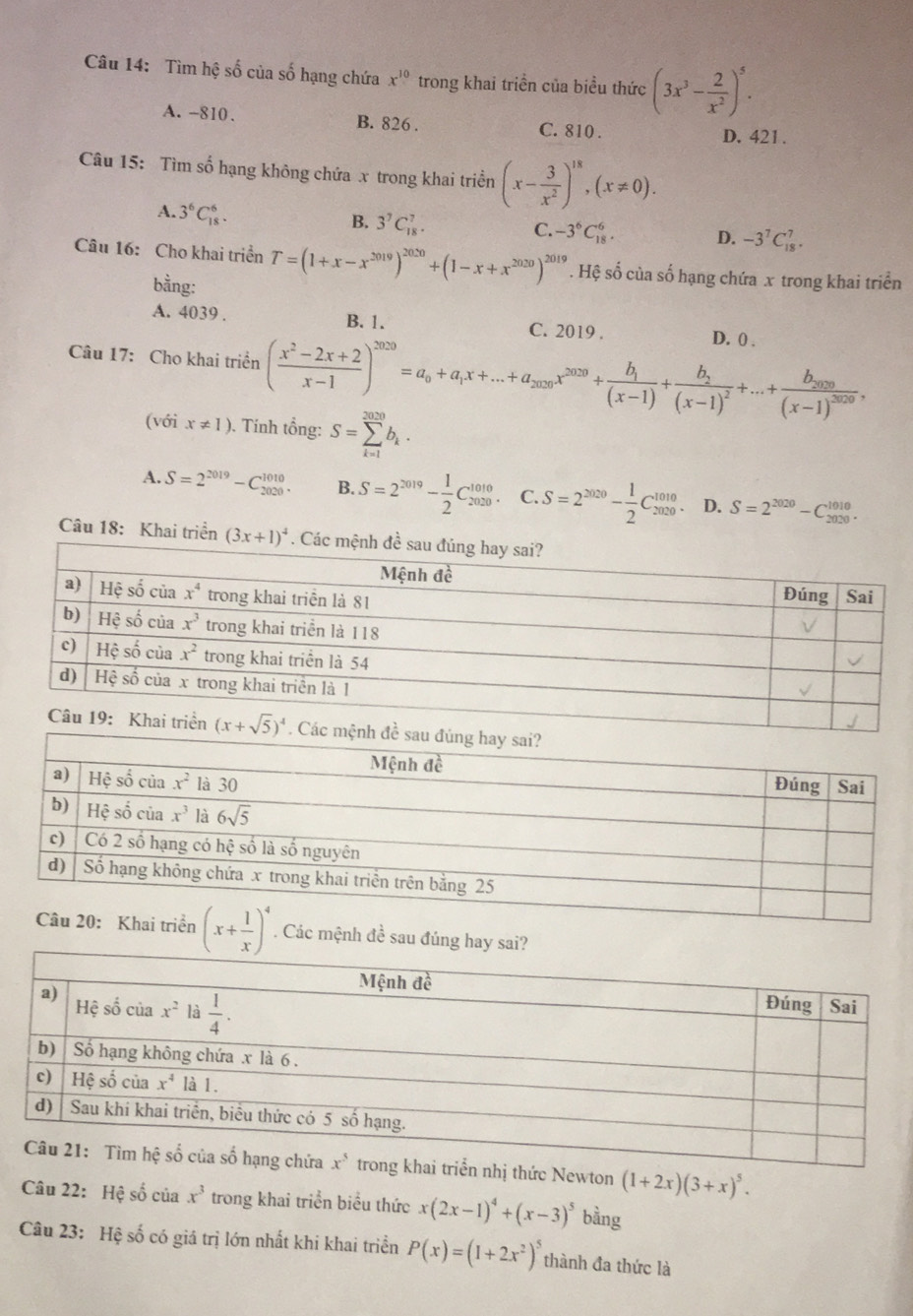 Tìm hệ số của số hạng chứa x^(10) trong khai triển của biểu thức (3x^3- 2/x^2 )^5.
A. -810. B. 826 . C. 810 . D. 421.
Câu 15: Tìm số hạng không chứa x trong khai triền (x- 3/x^2 )^18,(x!= 0).
A. 3^6C_(18)^6.
B. 3^7C_(18)^7. -3^6C_(18)^6. D. -3^7C_(18)^7.
C.
Câu 16: Cho khai triển T=(1+x-x^(2019))^2020+(1-x+x^(2020))^2019. Hệ số của số hạng chứa x trong khai triển
bằng:
A. 4039 . B. 1. C. 2019 .
Câu 17: Cho khai triển ( (x^2-2x+2)/x-1 )^2020=a_0+a_1x+...+a_2020x^(2020)+frac b_1(x-1)+frac b_2(x-1)^2+...+frac b_2020(x-1)^2020, D. 0 .
(với x!= 1) ). Tính tổng: S=sumlimits _(k=1)^(2020)b_k.
A. S=2^(2019)-C_(2020)^(1010). B. S=2^(2019)- 1/2 C_(2020)^(1010). C. S=2^(2020)- 1/2 C_(2020)^(1010). D. S=2^(2020)-C_(2020)^(1010).
Câu 18: Khai triển (3x+1)^4
(x+ 1/x )^4. Các mệnh đề sau đúng hay sai?
wton (1+2x)(3+x)^5.
Câu 22: Hệ số của x^3 trong khai triển biểu thức x(2x-1)^4+(x-3)^5 bằng
Câu 23: Hệ số có giá trị lớn nhất khi khai triền P(x)=(1+2x^2)^5 thành đa thức là