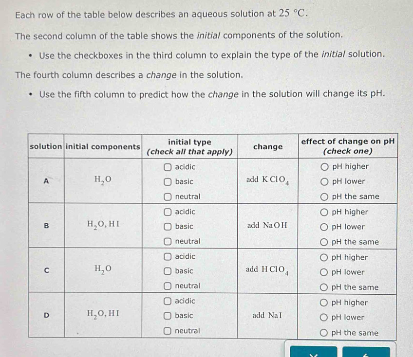 Each row of the table below describes an aqueous solution at 25°C.
The second column of the table shows the initial components of the solution.
Use the checkboxes in the third column to explain the type of the initial solution.
The fourth column describes a change in the solution.
Use the fifth column to predict how the change in the solution will change its pH.