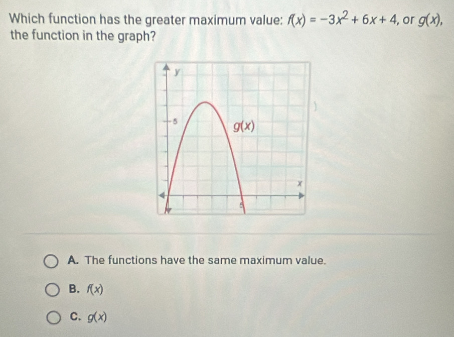 Which function has the greater maximum value: f(x)=-3x^2+6x+4 or g(x),
the function in the graph?
A. The functions have the same maximum value.
B. f(x)
C. g(x)