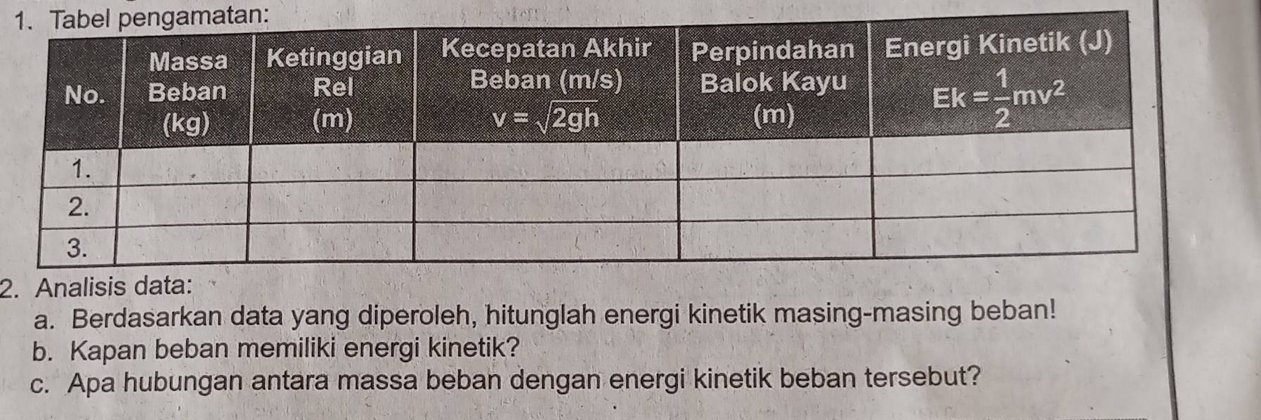 Berdasarkan data yang diperoleh, hitunglah energi kinetik masing-masing beban!
b. Kapan beban memiliki energi kinetik?
c. Apa hubungan antara massa beban dengan energi kinetik beban tersebut?