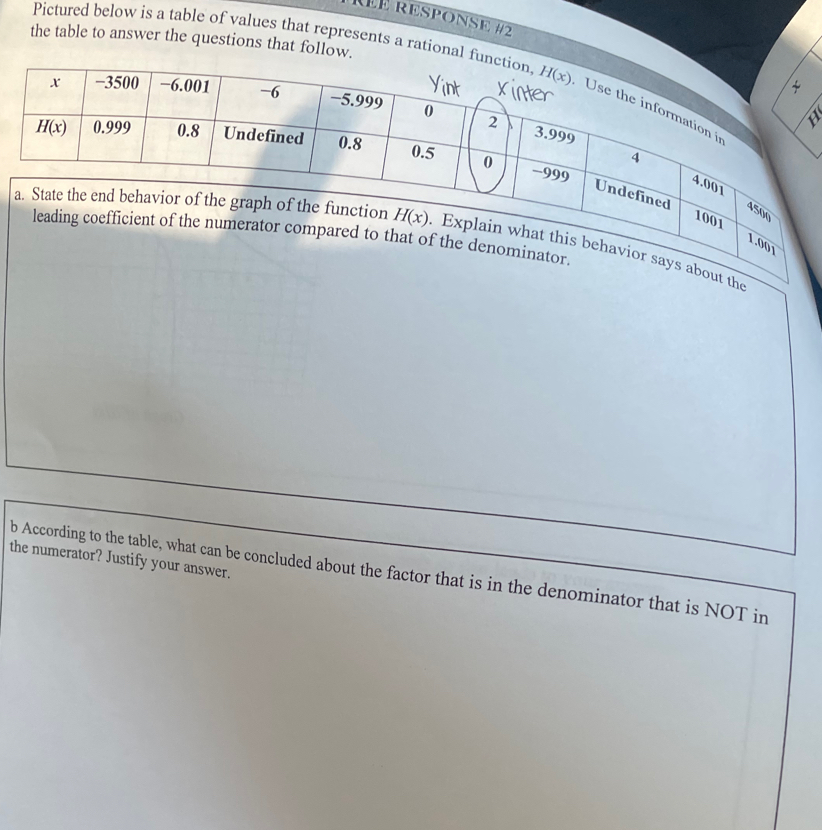 RéÉ response #2
the table to answer the questions that follow.
Pictured below is a table of values that represents a rational 
a
500
1001
e function H(x). Explain what this behavior says about the
leading coefficient of the numerator compared to that of the denominator.
1.001
the numerator? Justify your answer.
b According to the table, what can be concluded about the factor that is in the denominator that is NOT in
