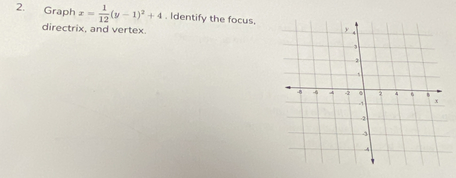 Graph x= 1/12 (y-1)^2+4. Identify the focus, 
directrix, and vertex.