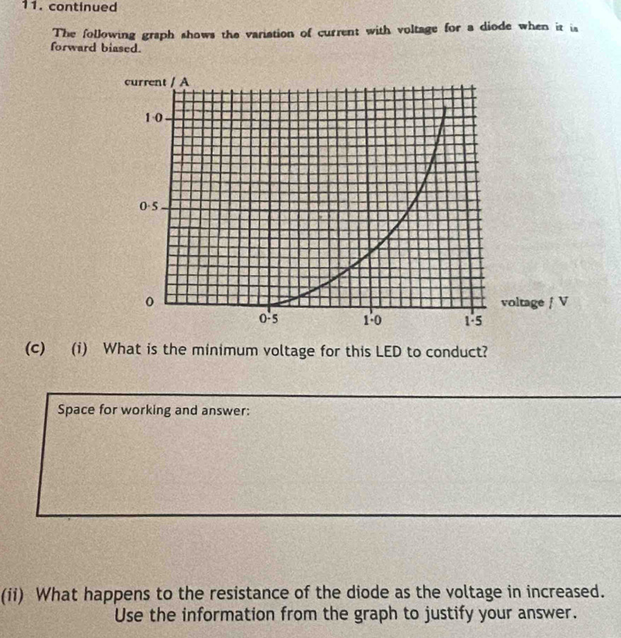 continued 
The following graph shows the variation of current with voltage for a diode when it is 
forward biased. 
(c) (i) What is the minimum voltage for this LED to conduct? 
Space for working and answer: 
(ii) What happens to the resistance of the diode as the voltage in increased. 
Use the information from the graph to justify your answer.