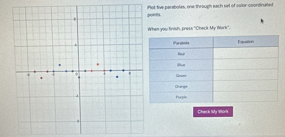 lot five parabolas, one through each set of color-coordinated 
oints. 
When you finish, press "Check My Work", 
Check My Work