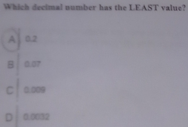 Which decimal number has the LEAST value?
A 0.2
B 0.07
C
D 0.9982