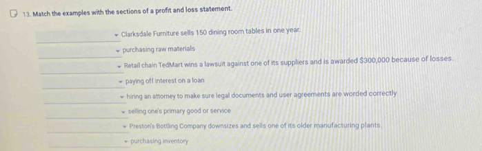 Match the examples with the sections of a profit and loss statement. 
_ 
Clarksdale Furniture sells 150 dining room tables in one year. 
_ 
purchasing raw materials 
_ 
Retail chain TedMart wins a lawsuit against one of its suppliers and is awarded $300,000 because of losses. 
_ 
paying off interest on a loan 
_ 
hiring an attorney to make sure legal documents and user agreements are worded correctly 
_ 
selling one's primary good or service 
_ 
Preston's Bottling Company downsizes and sells one of its older manufacturing plants. 
_ 
purchasing inventory