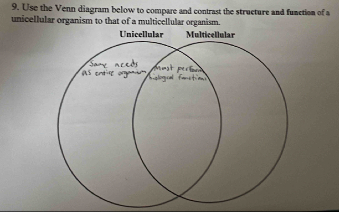 Use the Venn diagram below to compare and contrast the structure and function of a 
unicellular organism to that of a multicellular organism.