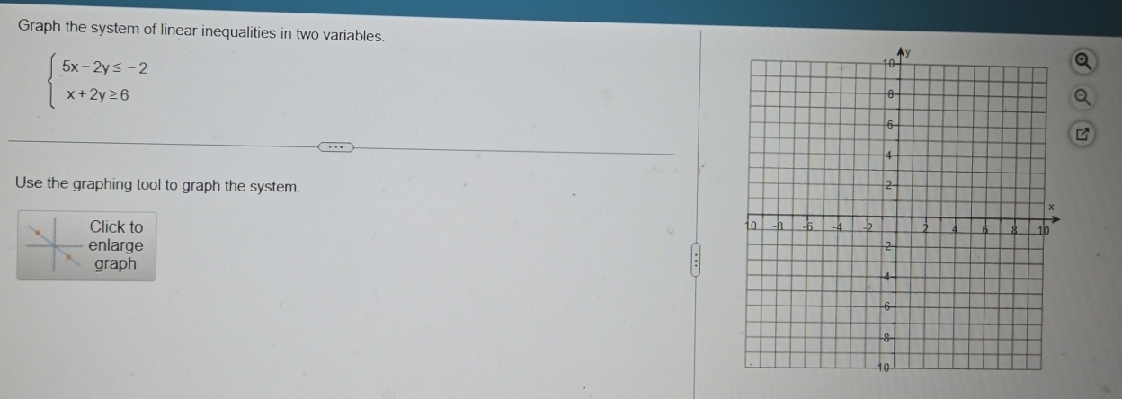 Graph the system of linear inequalities in two variables.
beginarrayl 5x-2y≤ -2 x+2y≥ 6endarray.
a 
a 
Use the graphing tool to graph the system. 
Click to 
enlarge 
graph