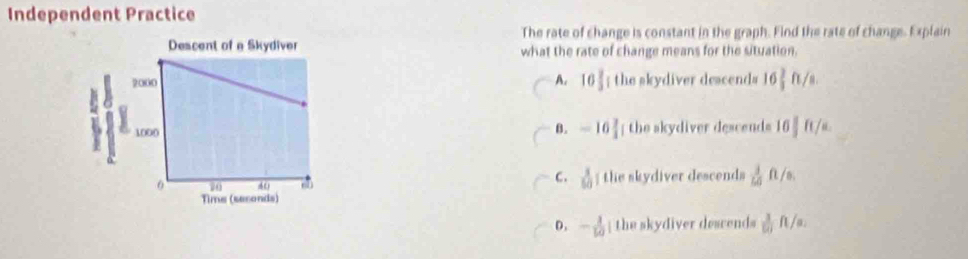 Independent Practice
The rate of change is constant in the graph. Find the rate of change. Explain
what the rate of change means for the situation.
A. 10 2/3 i
the skydiver descends 16 2/3 ft/s.
B. -16 2/3 
the skydiver descends 10 1/3 ft/s.
C.  1/10 
the skydiver descends  3/60 ft/s.
D. - 1/50 | the skydiver descends  3/10 ft/s.