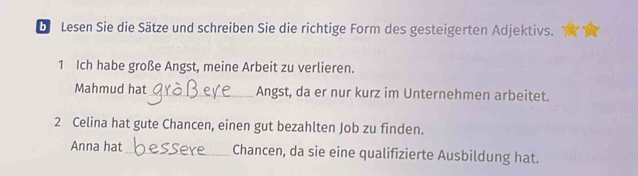 be Lesen Sie die Sätze und schreiben Sie die richtige Form des gesteigerten Adjektivs. 
1 Ich habe große Angst, meine Arbeit zu verlieren. 
Mahmud hat _Angst, da er nur kurz im Unternehmen arbeitet. 
2 Celina hat gute Chancen, einen gut bezahlten Job zu finden. 
Anna hat _Chancen, da sie eine qualifizierte Ausbildung hat.