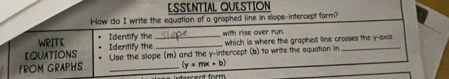 ESSENTIAL QUESTION 
How do I write the equation of a graphed line in slope-intercept form? 
WRITE Identify the __with rise over run. 
Identify the which is where the graphed line crosses the y-axis 
EQUATIONS Use the slope (m) and the y-Intercept (b) to write the equation in_ 
FROM GRAPHS_
(y=mx+b)
nter c ent form