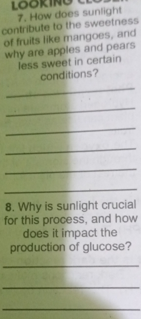 How does sunlight 
contribute to the sweetness 
of fruits like mangoes, and 
why are apples and pears 
less sweet in certain 
conditions? 
_ 
_ 
_ 
_ 
_ 
_ 
8. Why is sunlight crucial 
for this process, and how 
does it impact the 
production of glucose? 
_ 
_ 
_