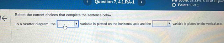 Question 7, 4.1.RA-1 HW Score: 38.33%, 5.75 of 15 poir 
Points: 0 of 1 
Select the correct choices that complete the sentence below 
In a scatter diagram, the variable is plotted on the horizontal axis and the variable is plotted on the vertical axis.