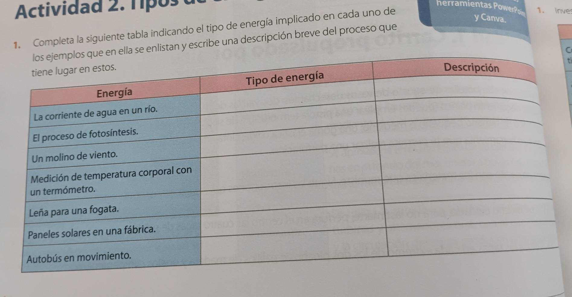 Actividad 2. 1 p os 
herramientas PowerPo 1. Inves 
1. Completa la siguiente tabla indicando el tipo de energía implicado en cada uno de 
y Canva. 
istan y escribe una descripción breve del proceso que 
C 
.