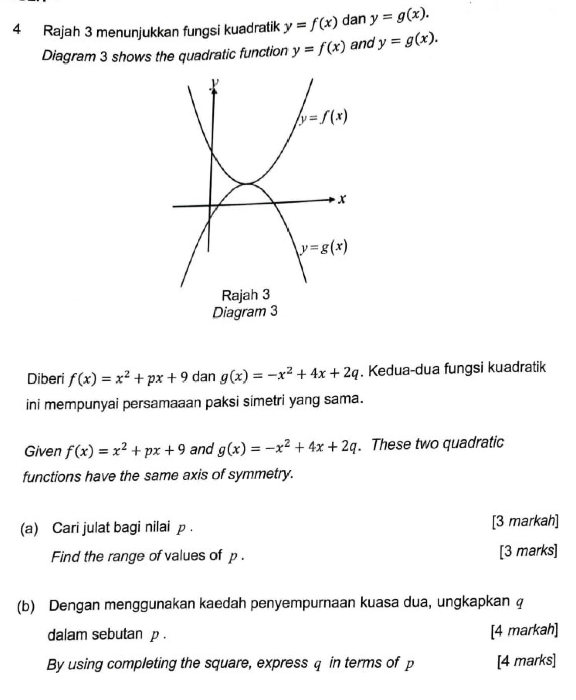 Rajah 3 menunjukkan fungsi kuadratik y=f(x) dan y=g(x).
Diagram 3 shows the quadratic function y=f(x) and y=g(x).
Diagram 3
Diberi f(x)=x^2+px+9 dan g(x)=-x^2+4x+2q. Kedua-dua fungsi kuadratik
ini mempunyai persamaaan paksi simetri yang sama.
Given f(x)=x^2+px+9 and g(x)=-x^2+4x+2q. These two quadratic
functions have the same axis of symmetry.
(a) Cari julat bagi nilai p . [3 markah]
Find the range of values of p . [3 marks]
(b) Dengan menggunakan kaedah penyempurnaan kuasa dua, ungkapkan q
dalam sebutan p .
[4 markah]
By using completing the square, express q in terms of p [4 marks]