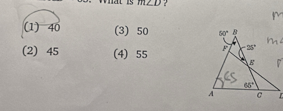 What is m∠ D ?
(1) 40 (3) 50
(2) 45 (4) 55