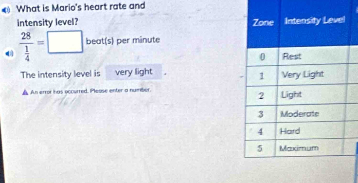 What is Mario's heart rate and 
intensity level?
frac 28 1/4 =□ beat(s) per minute
The intensity level is very light 
An error has occurred. Please enter a number.