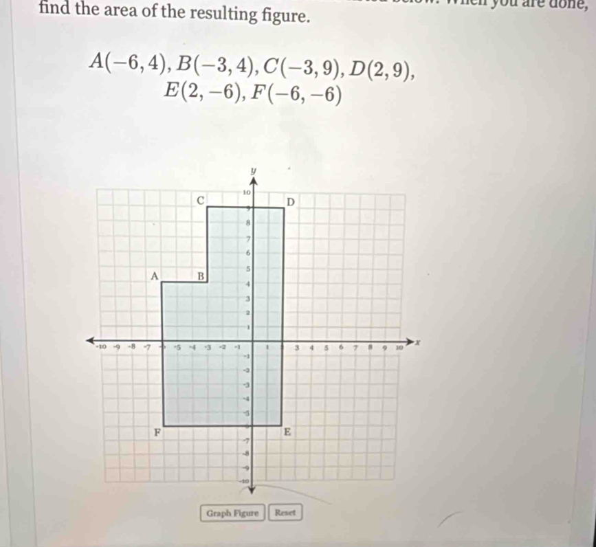 you are done, 
find the area of the resulting figure.
A(-6,4), B(-3,4), C(-3,9), D(2,9),
E(2,-6), F(-6,-6)
Graph Figure Reset