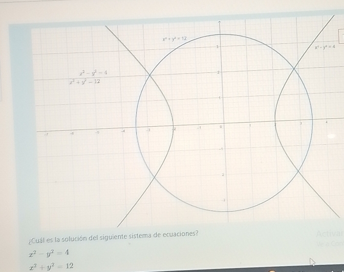 ¿Cuál es la solución del siguieActivar
Ve a Con
x^2-y^2=4
x^2+y^2=12