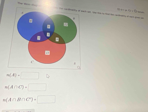 ⑫ 0/1 pt つ 3 ⊙Details 
The Venn diagrch set. Use this to find the cardinality of each given set
n(A)=□ △
n(A∩ C)=□
n(A∩ B∩ C^c)=□