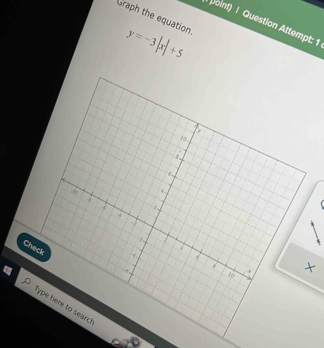 Graph the equation 
point) | Question Attempt: 1
y=-3|x|+5