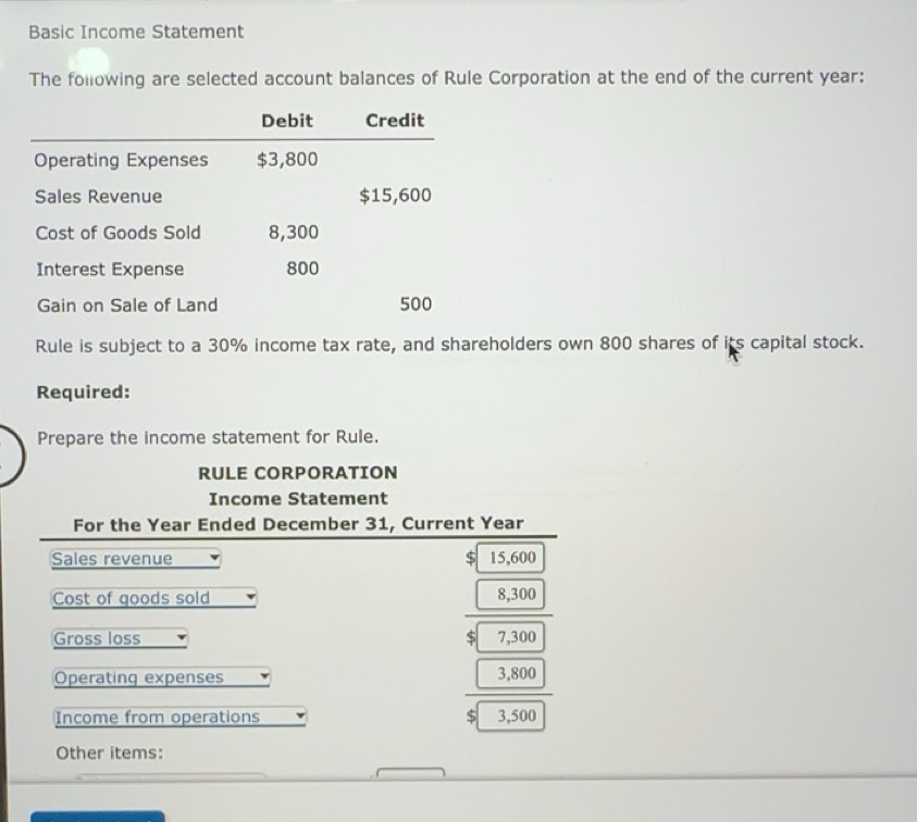 Solved: Basic Income Statement The following are selected account ...