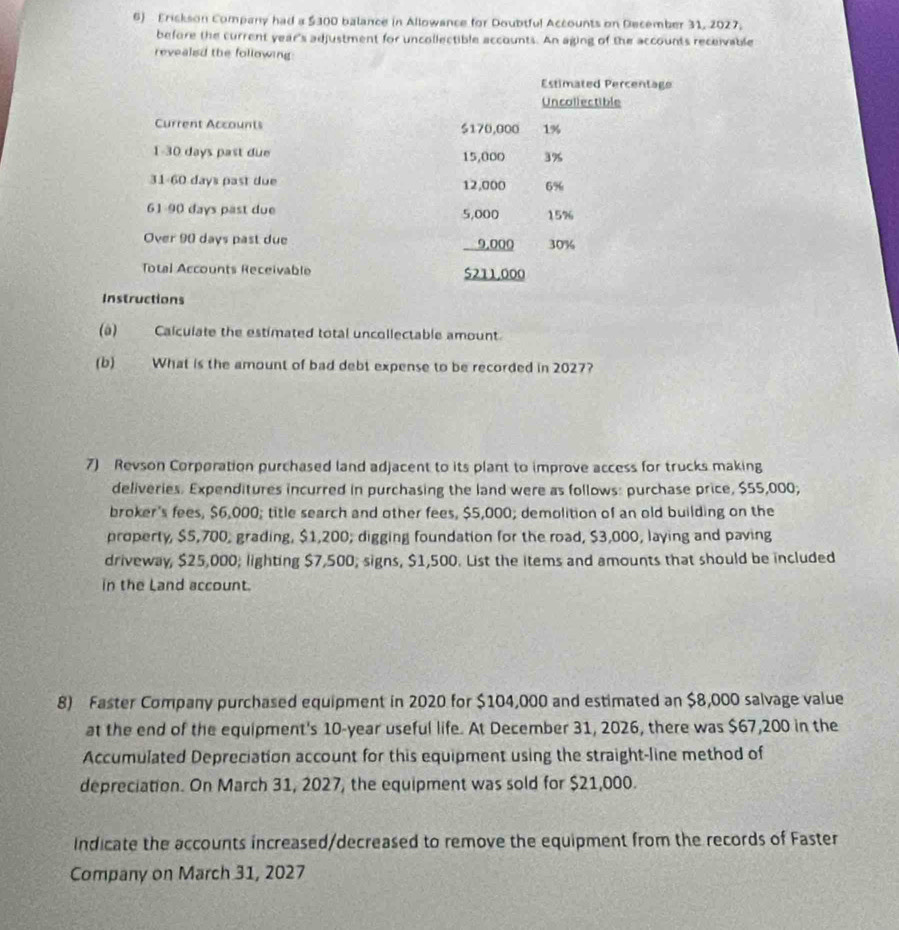 Erickson Company had a $300 balance in Allowance for Doubtful Accounts on December 31, 2027. 
before the current year's adjustment for uncollectible accounts. An aging of the accounts receivable 
revealed the following 
Estimated Percentage 
Uncollectible 
Current Accounts 5170,000 1%
1- 30 days past due 15,000 3%
31- 60 days past due 12,000 6%
61- 90 days past due 5,000 15%
Over 90 days past due 9.000 30%
Total Accounts Receivable 5211,000
Instructions 
(â) Calculate the estimated total uncollectable amount. 
(b) What is the amount of bad debt expense to be recorded in 2027? 
7) Revson Corporation purchased land adjacent to its plant to improve access for trucks making 
deliveries. Expenditures incurred in purchasing the land were as follows: purchase price, $55,000; 
broker's fees, $6,000; title search and other fees, $5,000; demolition of an old building on the 
property, $5,700, grading, $1,200; digging foundation for the road, $3,000, laying and paving 
driveway, $25,000; lighting $7,500; signs, $1,500. List the items and amounts that should be included 
in the Land account. 
8) Faster Company purchased equipment in 2020 for $104,000 and estimated an $8,000 salvage value 
at the end of the equipment's 10-year useful life. At December 31, 2026, there was $67,200 in the 
Accumulated Depreciation account for this equipment using the straight-line method of 
depreciation. On March 31, 2027, the equipment was sold for $21,000. 
Indicate the accounts increased/decreased to remove the equipment from the records of Faster 
Company on March 31, 2027