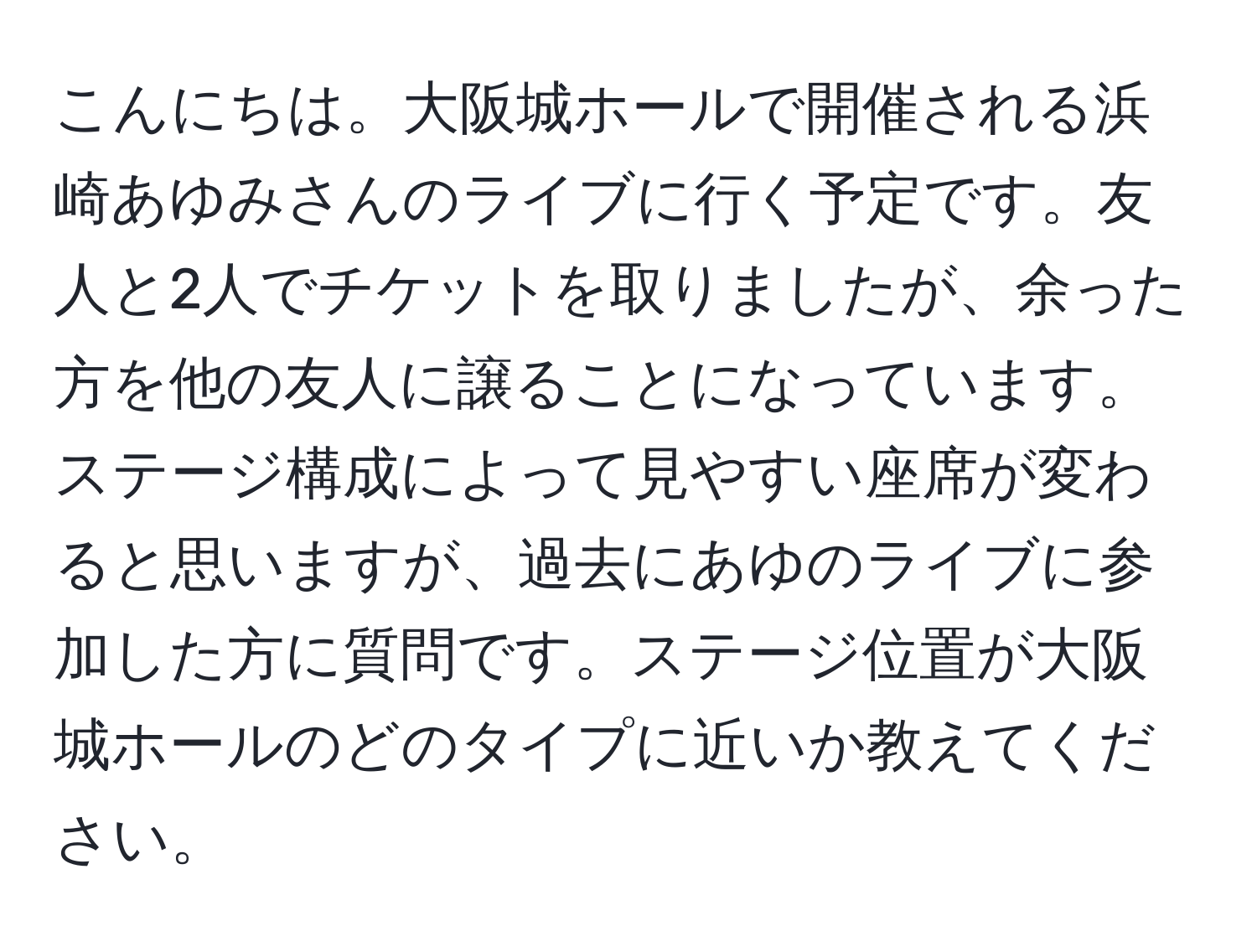 こんにちは。大阪城ホールで開催される浜崎あゆみさんのライブに行く予定です。友人と2人でチケットを取りましたが、余った方を他の友人に譲ることになっています。ステージ構成によって見やすい座席が変わると思いますが、過去にあゆのライブに参加した方に質問です。ステージ位置が大阪城ホールのどのタイプに近いか教えてください。