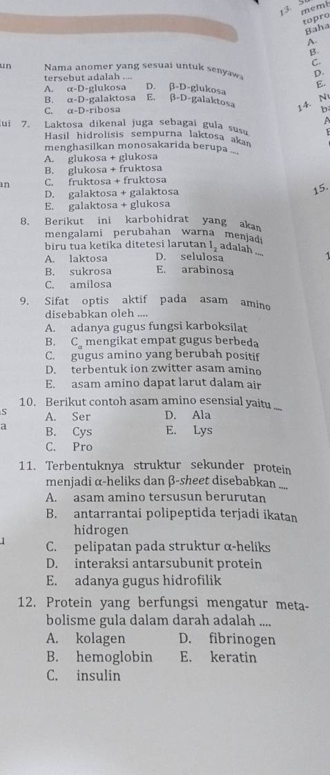 memb
topro
Baha
A.
B
C.
un Nama anomer yang sesuai untuk senyaw D.
tersebut adalah ....
E.
A. α-D-glukosa D. B-T O-glukosa
B. α-D-galaktosa E. beta -1 D-galaktosa 14. N
C. α-D-ribosa b
A
lui 7. Laktosa dikenal juga sebagai gula susu
r 
Hasil hidrolisis sempurna laktosa akan
menghasilkan monosakarida berupa ...
A. glukosa + glukosa
B. glukosa + fruktosa
an C. fruktosa + fruktosa
D. galaktosa + galaktosa
15.
E. galaktosa + glukosa
8. Berikut ini karbohidrat yang akan
mengalami perubahan warna menjad
_
biru tua ketika ditetesi larutan l_2 adalah
A. laktosa D. selulosa 1
B. sukrosa E. arabinosa
C. amilosa
9. Sifat optis aktif pada asam amino
disebabkan oleh ....
A. adanya gugus fungsi karboksilat
B. C_a mengikat empat gugus berbeda
C. gugus amino yang berubah positif
D. terbentuk ion zwitter asam amino
E. asam amino dapat larut dalam air
10. Berikut contoh asam amino esensial yaitu ....
A. Ser D. Ala
a B. Cys E. Lys
C. Pro
11. Terbentuknya struktur sekunder protein
menjadi α-heliks dan β-sheet disebabkan ....
A. asam amino tersusun berurutan
B. antarrantai polipeptida terjadi ikatan
hidrogen
C. pelipatan pada struktur α-heliks
D. interaksi antarsubunit protein
E. adanya gugus hidrofilik
12. Protein yang berfungsi mengatur meta-
bolisme gula dalam darah adalah ....
A. kolagen D. fibrinogen
B. hemoglobin E. keratin
C. insulin