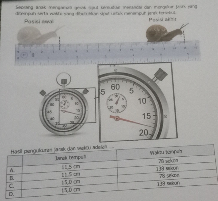 Seorang anak mengamati gerak siput kemudian menandai dan mengukur jarak yang
ditempuh serta waktu yang dibutuhkan siput untuk menempuh jarak tersebut.
Posisi awal Posisi akhir
> 3 4 6 γ δ 9 10 , 12 1 1 2 15 10
$
2 3 4 5 G
ρ
60
5 5
60
30
55 5 5 10
25
50 10
45 15 20 10,
15
40 20 、
15
35 25
30
20
Hasil pengukuran jarak dan waktu adalah ....
Jarak tempuh Waktu tempuh
A. 11,5 cm 78 sekon
B.
11,5 cm 138 sekon
C.
15,0 cm 78 sekon
15,0 cm 138 sekon
D.