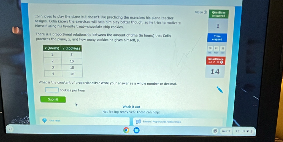 Video Questions 
Colin loves to play the piano but doesn't like practicing the exercises his piano teacher answered 
assigns. Colin knows the exercises will help him play better though, so he tries to motivate 
himself using his favorite treat—chocolate chip cookies. 
1 
There is a proportional relationship between the amount of time (in hours) that Colin Time 
practices the piano, x, and how many cookies he gives himself, y. elapsed 
00 01 59 
H M1N “ e 
SmartScore 
out of 100 o 
14 
What is the constant of proportionality? Write your answer as a whole number or decimal. 
cookies per hour
Submit 
Work it out 
Not feeling ready yet? These can help: 
Unit rates Lesson| Proportional relationships 
Nov 19