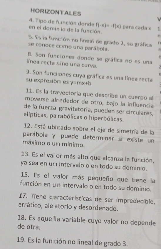 HORIZONTALES 
4. Tipo de función donde f(-x)=-f(x) para cada x 1 
en el domin io de la función. n
5. Es la función no lineal de grado 2, su gráfica r 
se conoce como una parábola. 
r 
C 
8. Son funciones donde se gráfica no es una 
ínea recta s ino una curva. 
9. Son funciones cuya gráfica es una línea recta 
su expresión es y=mx+b
11. Es la trayectoria que describe un cuerpo al 
moverse alrededor de otro, bajo la influencia 
de la fuerza gravitatoria, pueden ser circulares, 
elípticas, pa rabólicas o hiperbólicas. 
12. Está ubicado sobre el eje de simetría de la 
parábola y puede determinar si existe un 
máximo o un mínimo. 
13. Es el val or más alto que alcanza la función, 
ya sea en ur intervalo o en todo su dominio. 
15. Es el valor más pequeño que tiene la 
función en un intervalo o en todo su dominio. 
17. Tiene características de ser impredecible, 
errático, ale atorio y desordenado. 
18. Es aque lla variable cuyo valor no depende 
de otra. 
19. Es la fun ción no lineal de grado 3.