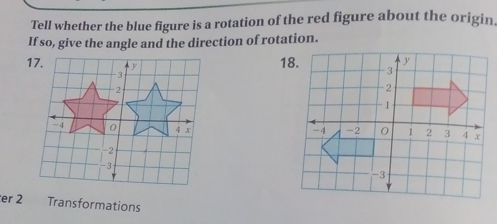 Tell whether the blue figure is a rotation of the red figure about the origin. 
If so, give the angle and the direction of rotation. 
18. 
er 2 Transformations