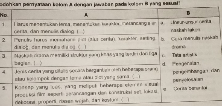 odohkan pernyataan kolom A dengan jawaban pada kolom B yang sesuai! 
No
1
2h
3
4n
5
dekorasi, properti, rasan wajah,