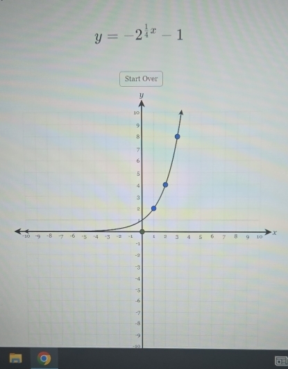 y=-2^(frac 1)4x-1
Start Over
x