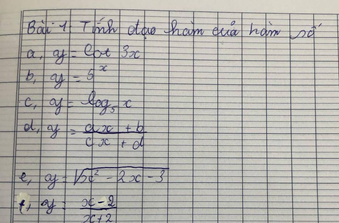 Bal tf Tdik ethe tham eua ham od 
a, g= eat 3xc
b, y|=5^x
C, y=log _5x
e, y= (ax+b)/cx+d 
e, y=sqrt(x^2-2x-3)
1+ y= (x-2)/x+2 