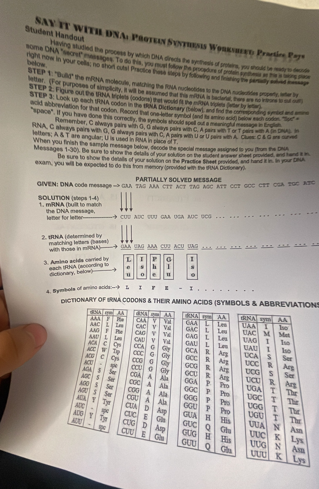 Student Handout
Sa y i t w i t il dNA, Protein Syntues i Worksheet Prasise  Pa
Having studied the process by which DNA directs the synthesis of proteins, you should be ready to decode
some DNA "secret" messages. To do this, you must follow the procedure of protain syrthesis as this is taking place below.
right now in your cells; no short cuts! Practice these steps by following and finishing the partially solved message
STEP 1: "Build" the mRNA molecule, matching the RNA nucleotides to the DNA nuclectides properly, tefter be
letter. (For purposes of simplicity, it will be assumed that this mRNA is bacterial; there are no introns to cut outt)
STEP 2: Figure out the IRNA triplets (codons) that would fit the mRNA triplets (letter by letter).
STEP 3: Look up each tRNA codon in the tRNA Dictionary (below), and find the corresponding symbol and ansine
acid abbreviation for that codon, Record that one-letter symbol (and its amino scid) below each codon. "Soc"=
"space". If you have done this correctly, the symbols should spell out a meaningful message in English
Remember, C always pairs with G, G always pairs with C, A pairs with T or T pairs with A tin DNAL in
RNA, C always pairs with G, G always pairs with C, A pairs with U or U pairs with A. Clues: C & G are curved
letters; A & T are angular; U is used in RNA in place of T.
When you finish the sample message below, decode the special message assigned to you (from the DNA
Messages 1-30). Be sure to show the details of your solution on the student answer sheet provided, and hand it in
Be sure to show the details of your solution on the Practice Sheet provided, and hand it in. In your DhA
exam, you will be expected to do this from memory (provided with the tRNA Dictionary).
PARTIALLY SOLVED MESSAGE
GIVEN: DNA code message -> GAA TAG AAA CTT ACT TAG AGC ATT CCT GCC CTT CGA TGC ATC
SOLUTION (steps 1-4)
1. mRNA (built to match
the DNA message,
letter for letter → CUU AUC UUU GAA UGA AUC UCG … 
2. tRNA (determined by
matching letters (bases)
with those in mRNA) GAA UAG AAA CUU ACU UAG … … 
3. Amino acids carried by L 1 P G I
each tRNA (according to e s h
s
dictionary, below)
u 0 e u 0
4. Symbols of amino acids:--> L I F E - I
DICTIONARY OF tRNA CODONS & THEIR AMINO ACIDS (SYMBOLS & ABBREVIATIONS
tRNA sym  AA tRNA sym AA  
AAA F Phe CAA v Val
AAC L Leu CAC v Val  
 
AAG F Phe CAG v Val  
AAU L Leu CAU V Val 
ACA C Cys CCA G Gly  
ACC W Trp CCC G Gly  
ACG C Cys CCG G Gly  
ACU ` spc CCU G Gly 
AGA s Ser CGA A Ala 
AGC s Ser A Ala
CGC
AGG s Ser A Ala
CGG  
AGU Ser A Ala 
CGU  
AUA Y Tyr CUA D Asp 
AUC ` spc CUC E Glu 
 
AUG Y Tyr  
AUU ` CUG D Asp 
spc 
CUU E Glu