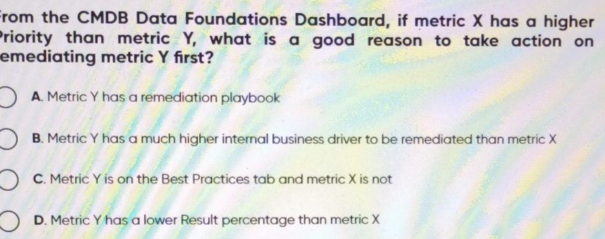 Solved: From the CMDB Data Foundations Dashboard, if metric X has a ...