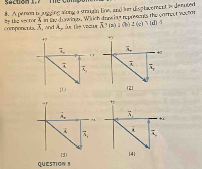 The Comp
8. A person is jogging along a straight line, and her displacement is denoted
by the vector vector A in the drawings. Which drawing represents the correct vector
components, vector A_r and vector A ,, for the vector vector A ? (a) a 10 b) 2 (c) 3 (d) 4
+y
vector A_x +x
vector A vector A_y
(1)
+y
+y
vector A_x +x
vector A_x +x
vector A vector A_y
vector A vector A_y
(3) (4)
QUESTION 8