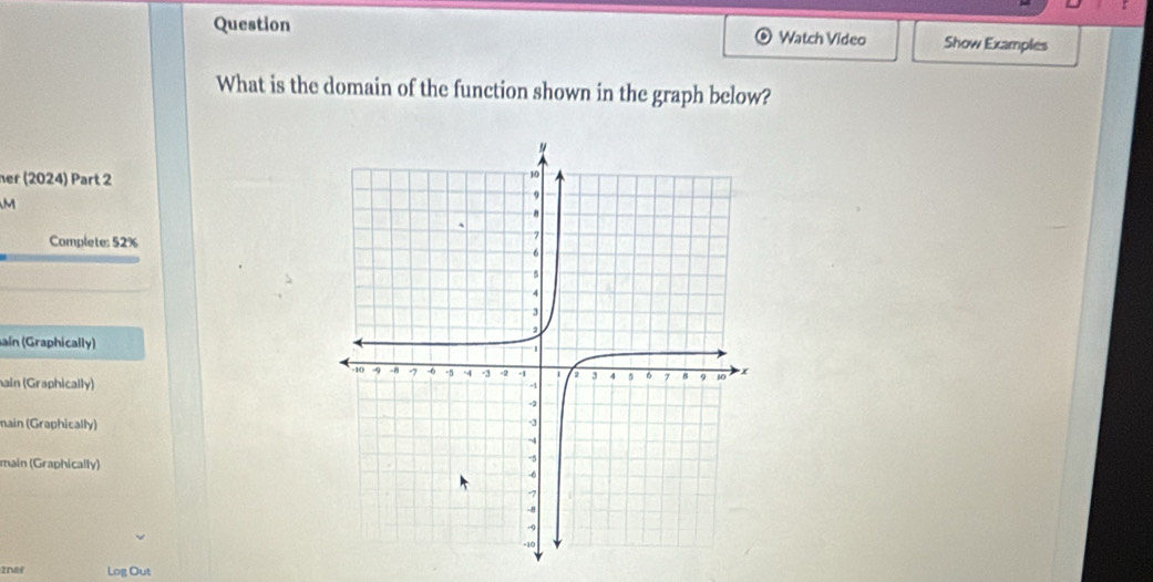 Question Watch Video Show Examples 
What is the domain of the function shown in the graph below? 
her (2024) Part 2 
M 
Complete: 52% 
ain (Graphically) 
ain (Graphically) 
nain (Graphically) 
main (Graphically) 
Log Out