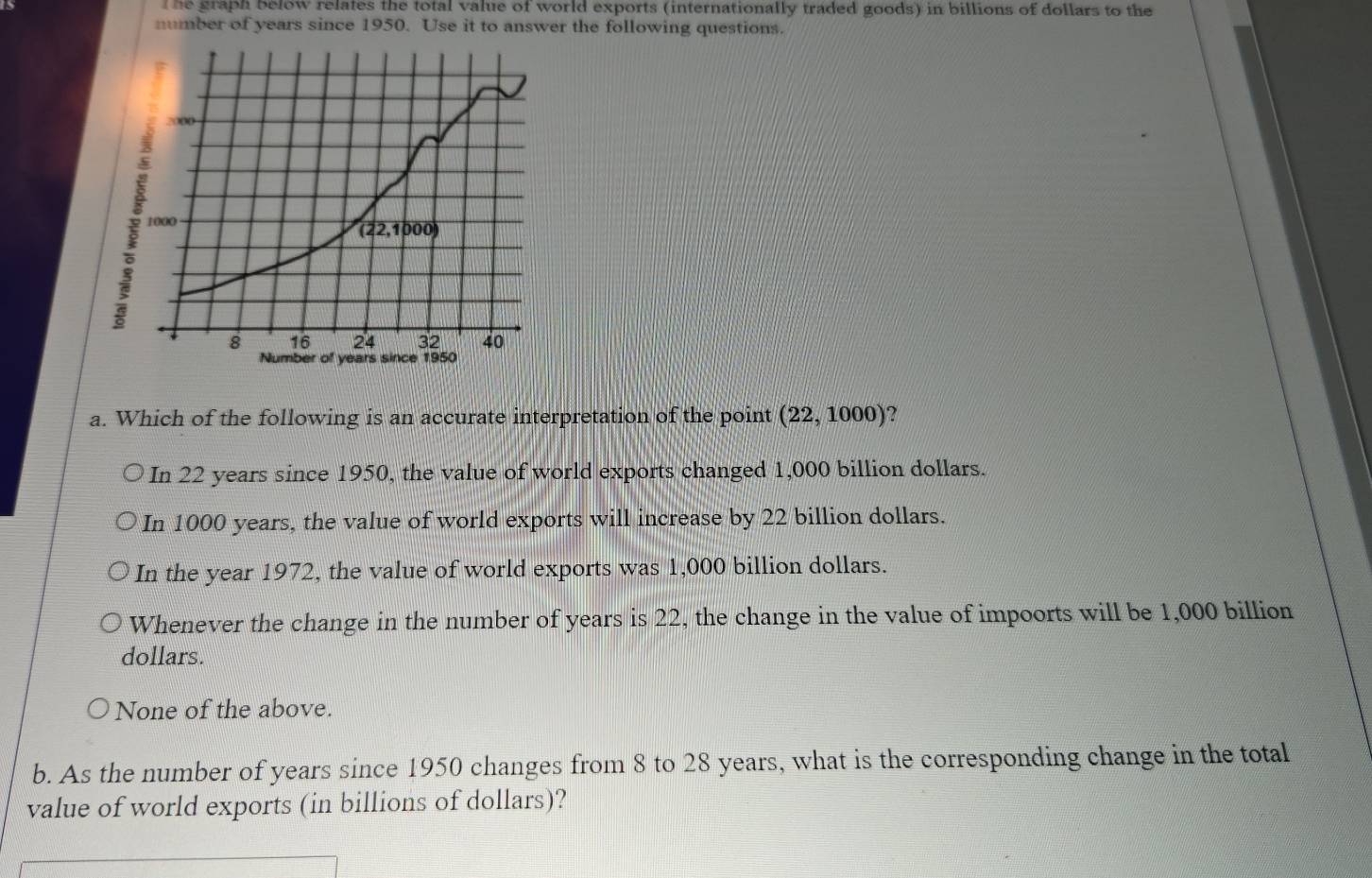 The graph below relates the total value of world exports (internationally traded goods) in billions of dollars to the
number of years since 1950. Use it to answer the following questions.
 
a. Which of the following is an accurate interpretation of the point (22,1000) ?
In 22 years since 1950, the value of world exports changed 1,000 billion dollars.
In 1000 years, the value of world exports will increase by 22 billion dollars.
In the year 1972, the value of world exports was 1,000 billion dollars.
Whenever the change in the number of years is 22, the change in the value of impoorts will be 1,000 billion
dollars.
None of the above.
b. As the number of years since 1950 changes from 8 to 28 years, what is the corresponding change in the total
value of world exports (in billions of dollars)?