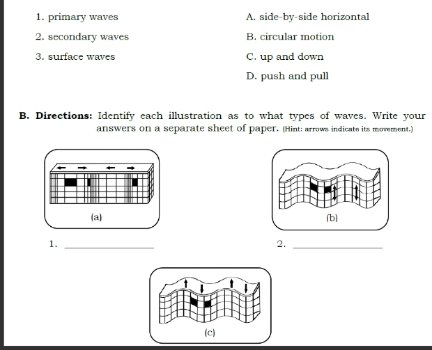 primary waves A. side-by-side horizontal
2. secondary waves B. circular motion
3. surface waves C. up and down
D. push and pull
B. Directions: Identify each illustration as to what types of waves. Write your
answers on a separate sheet of paper. (Hint: arrows indicate its movement.)
(a) 
1._
2._