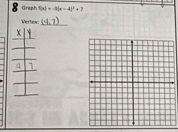 Graph f(x)=-3(x-4)^2+7
_ 
Vertex:
X