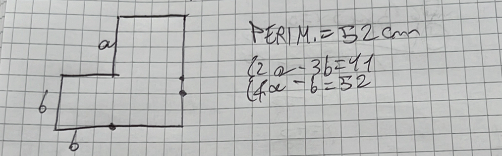 PERIM,=52cm
beginarrayl 2a-3b=41 4a-6=32endarray.