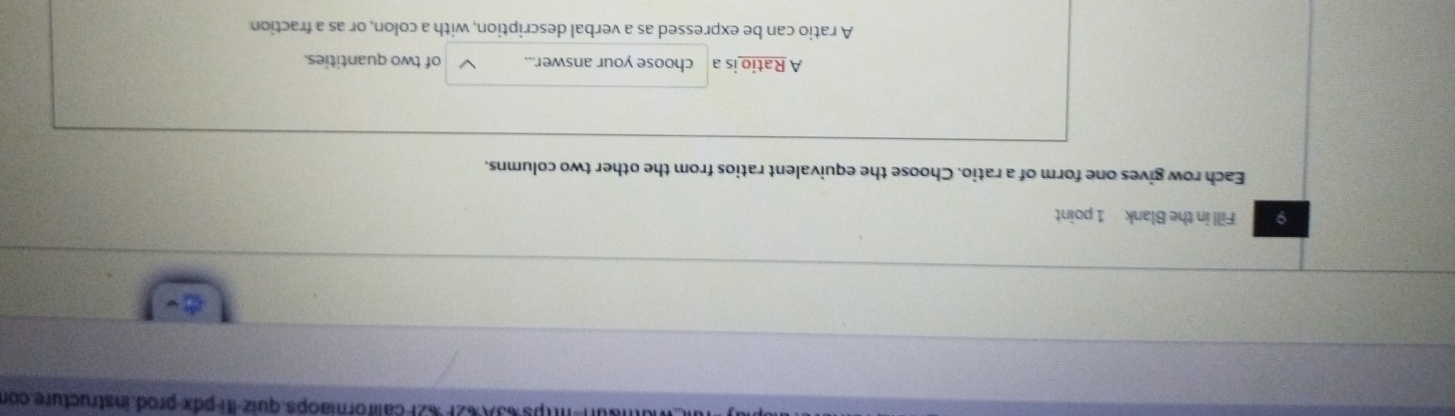 X%2F %2F californiaops. quiz-iti-pdx-prod.instructure.con 
9 Fill in the Blank 1 point 
Each row gives one form of a ratio. Choose the equivalent ratios from the other two columns. 
A Ratio is a choose your answer... of two quantities. 
A ratio can be expressed as a verbal description, with a colon, or as a fraction