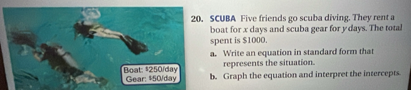 SCUBA Five friends go scuba diving. They rent a 
boat for x days and scuba gear for y days. The total 
spent is $1000. 
a. Write an equation in standard form that 
represents the situation. 
b. Graph the equation and interpret the intercepts.