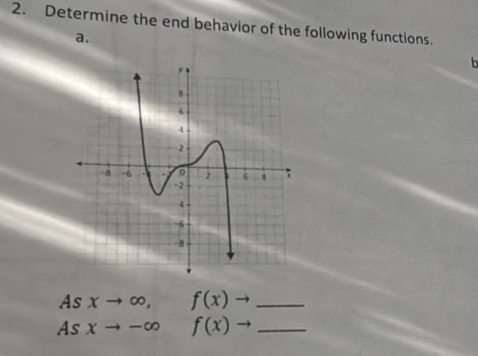 Determine the end behavior of the following functions. 
a. 
b 
As xto ∈fty , f(x)to _ 
4 S xto -∈fty f(x)- _